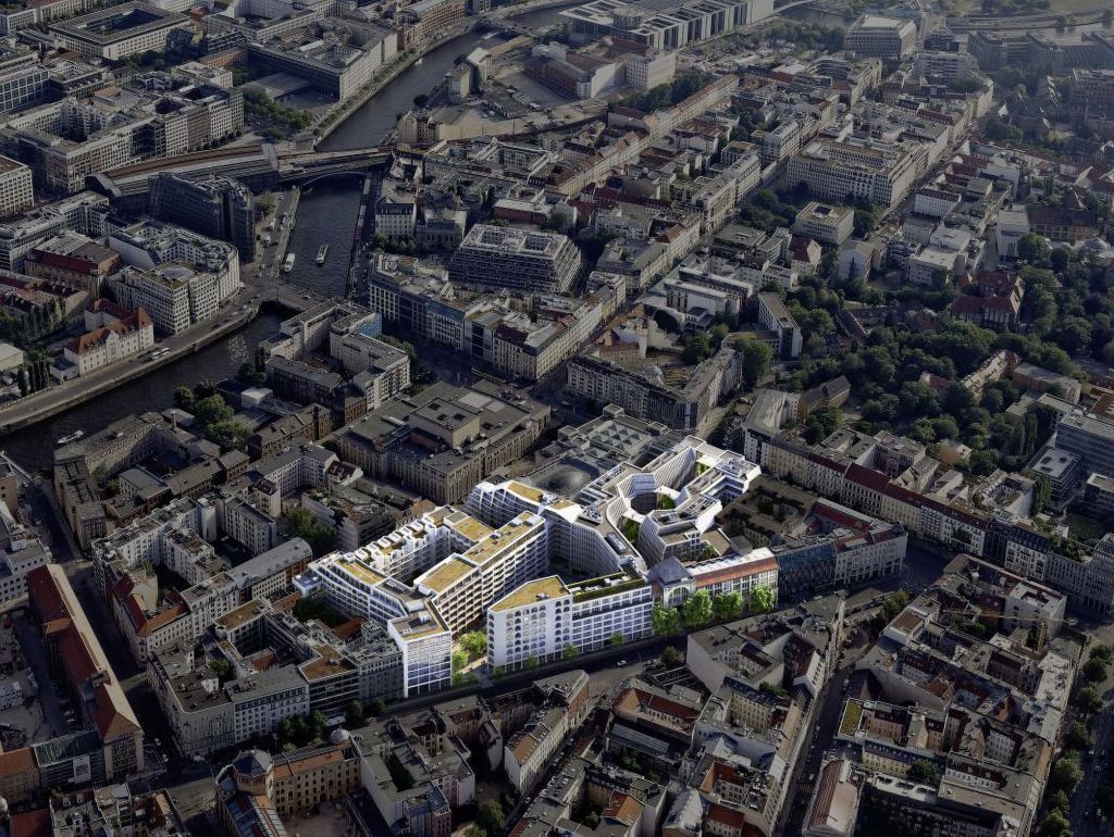 Luftbild mit dem neuen Stadtquartier Am Tacheles