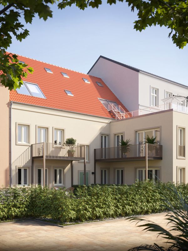 Ein 3d-modelliertes Haus mit Ziegeldach, Balkonen und Garten 