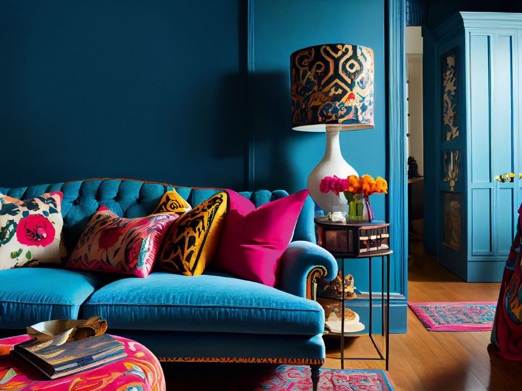Wohnzimmer mit Couch im Boho Stil. Die Farben sind Blau und Magenta.